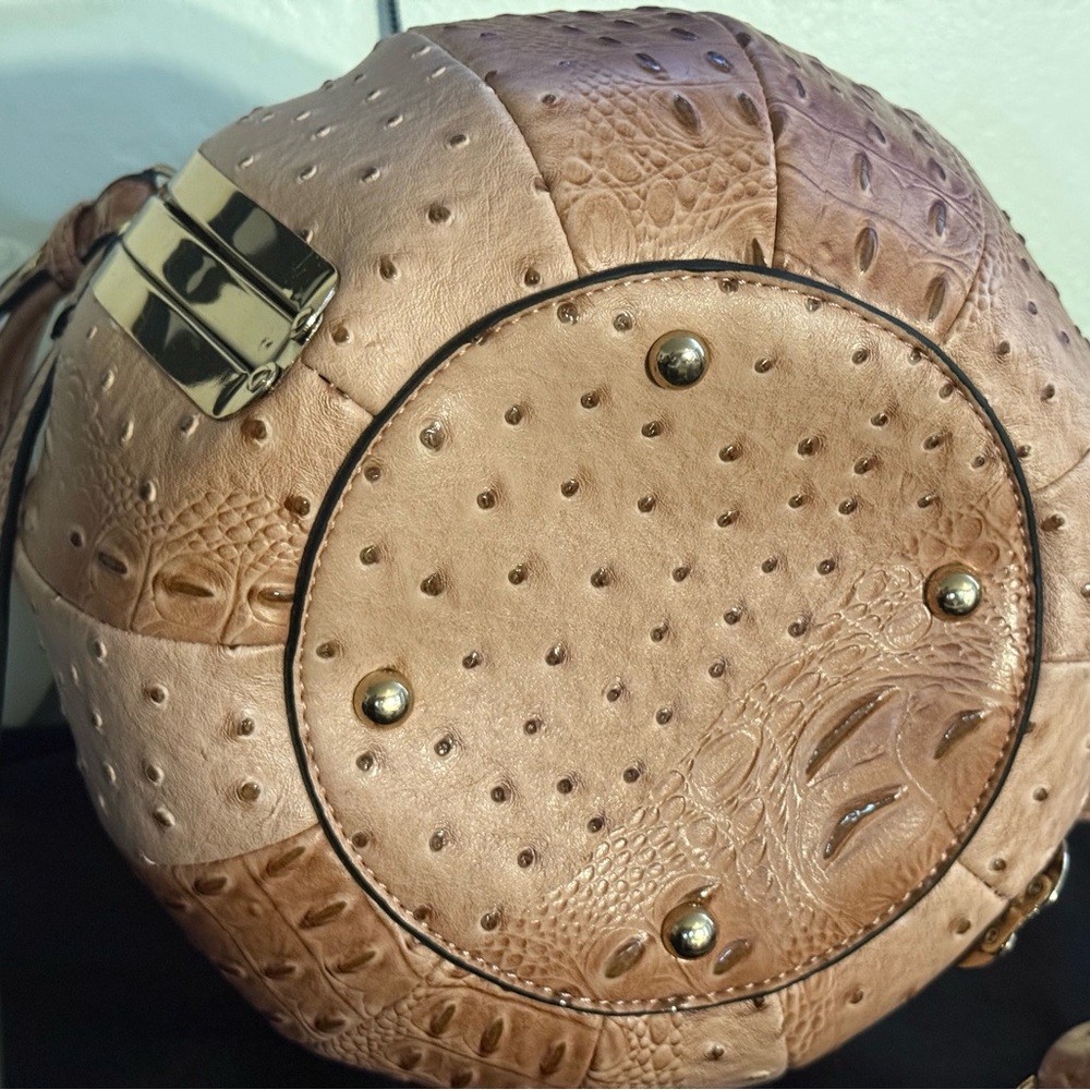 Lt Brown/Tan Ball Shaped Bag with Textured Spherical Design Gold Trim & Hardware - Picture 2 of 6